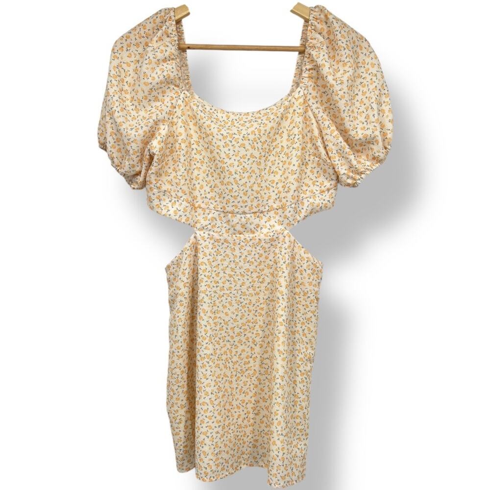 Elodie Ditsy Floral Butter Yellow Mini Dress Puff Sleeves Cut-Outs‎ Women's S